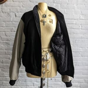Vintage Black Leather Bomber Suede Varsity Jacket Letterman Colorblock Large